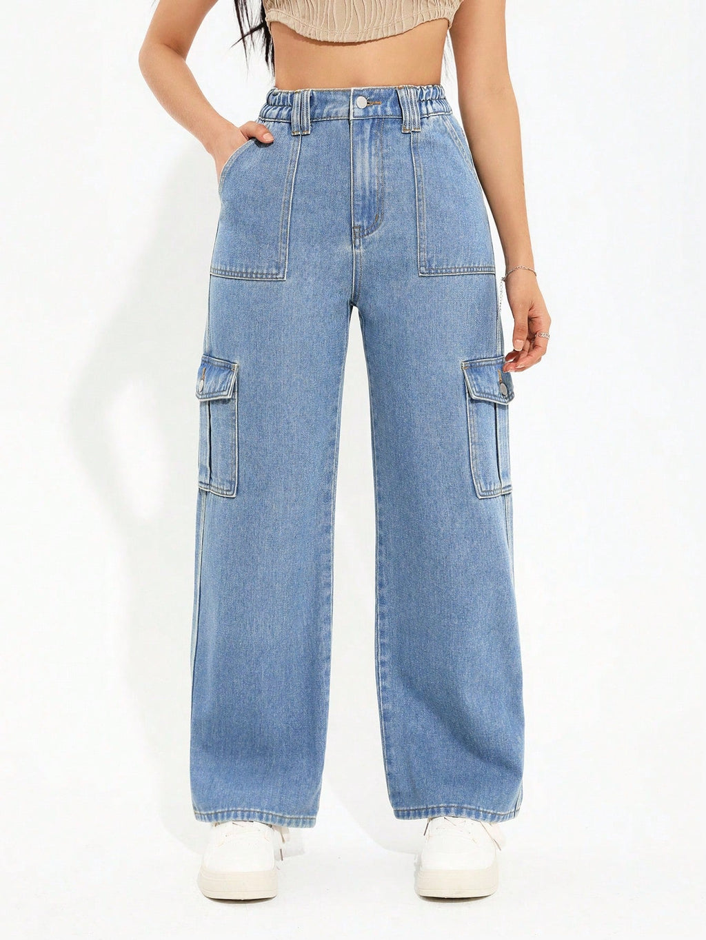 Trendy Ice Blue 6-Pocket Cargo Denim Jeans for Women