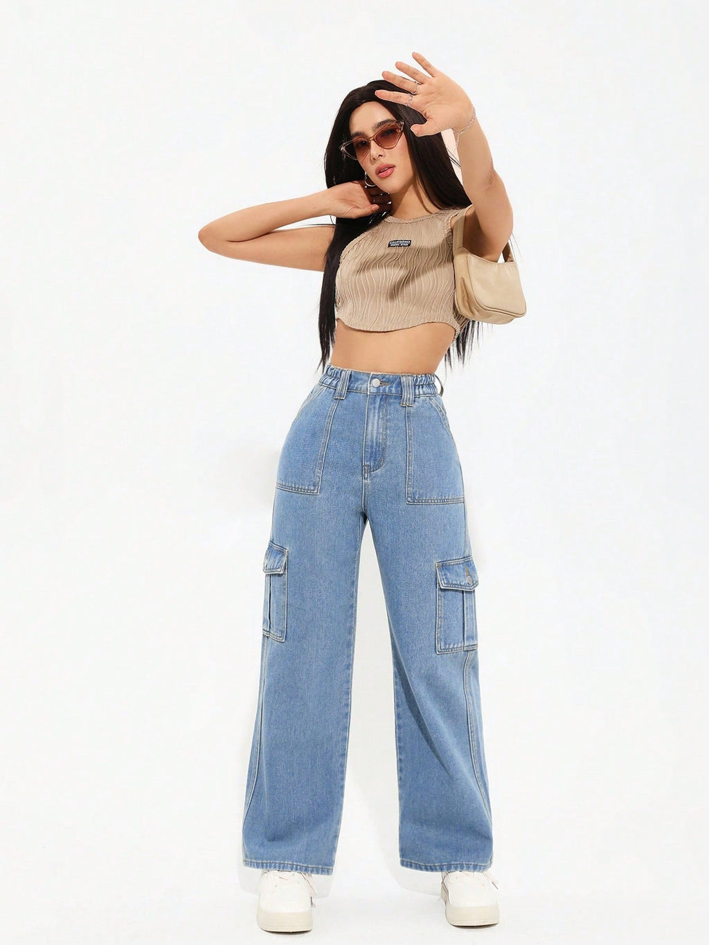 Trendy Ice Blue 6-Pocket Cargo Denim Jeans for Women