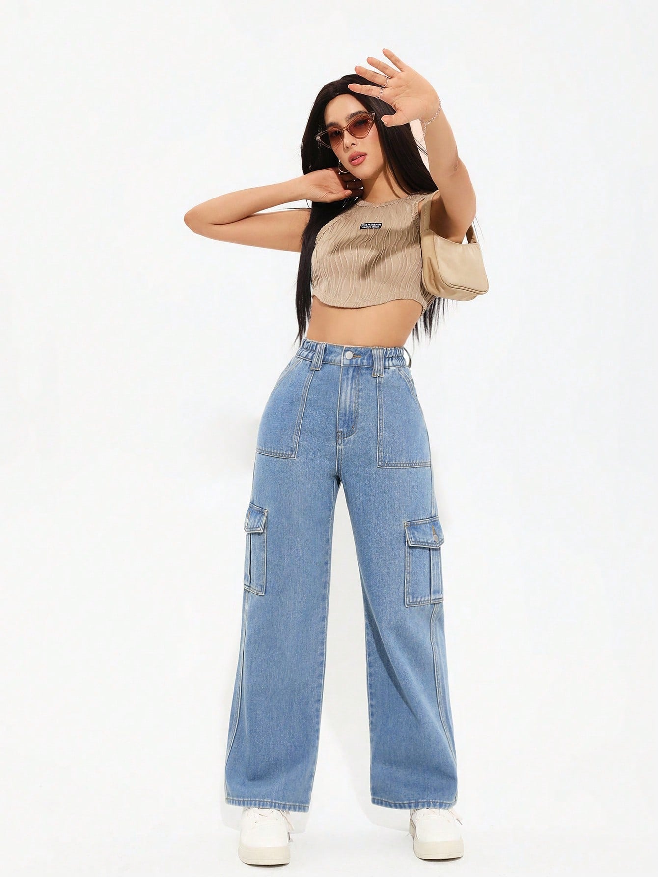 Trendy Ice Blue 6-Pocket Cargo Denim Jeans for Women