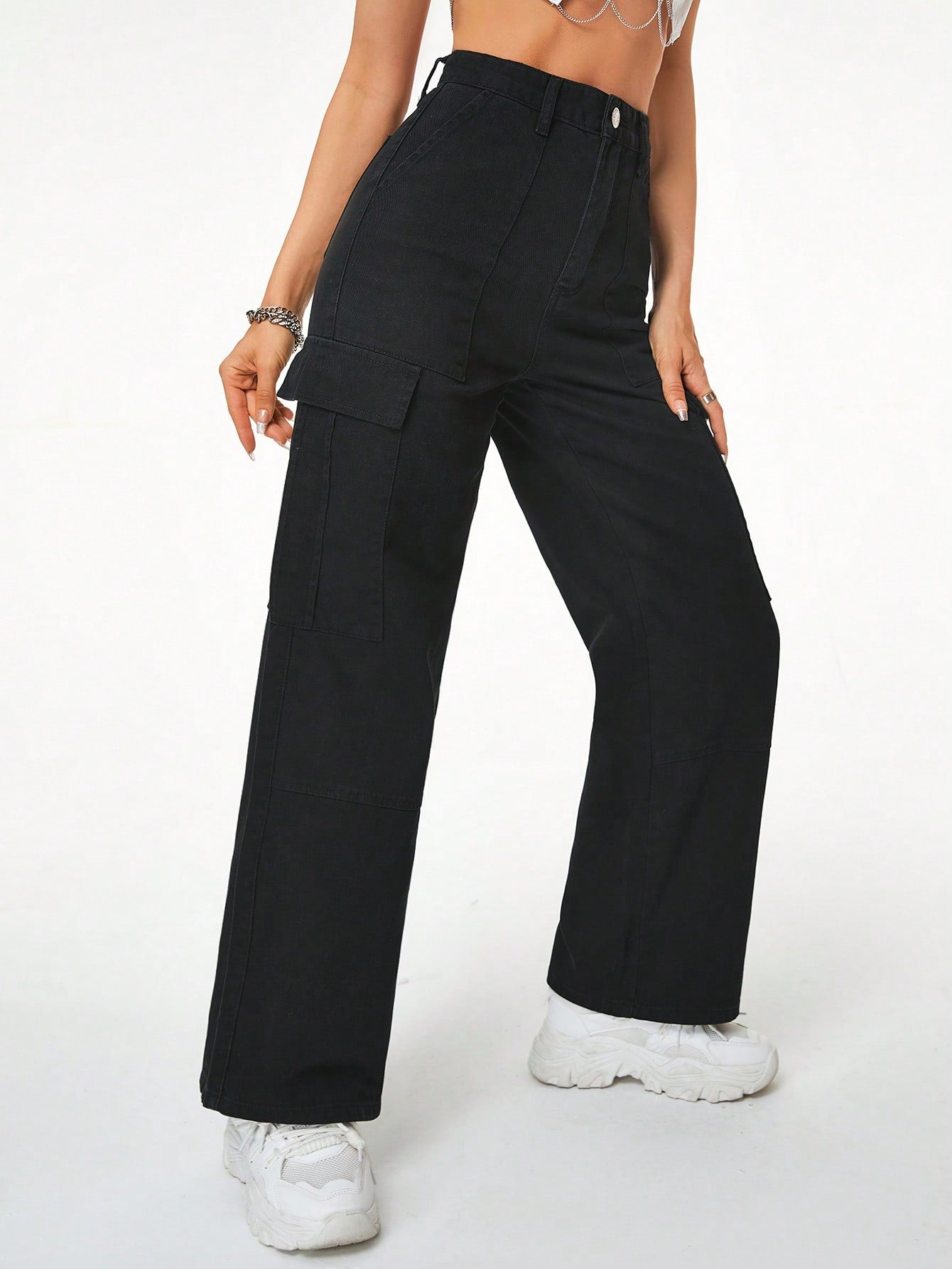 Women Black Cargo Denim 6 Pocket Jeans