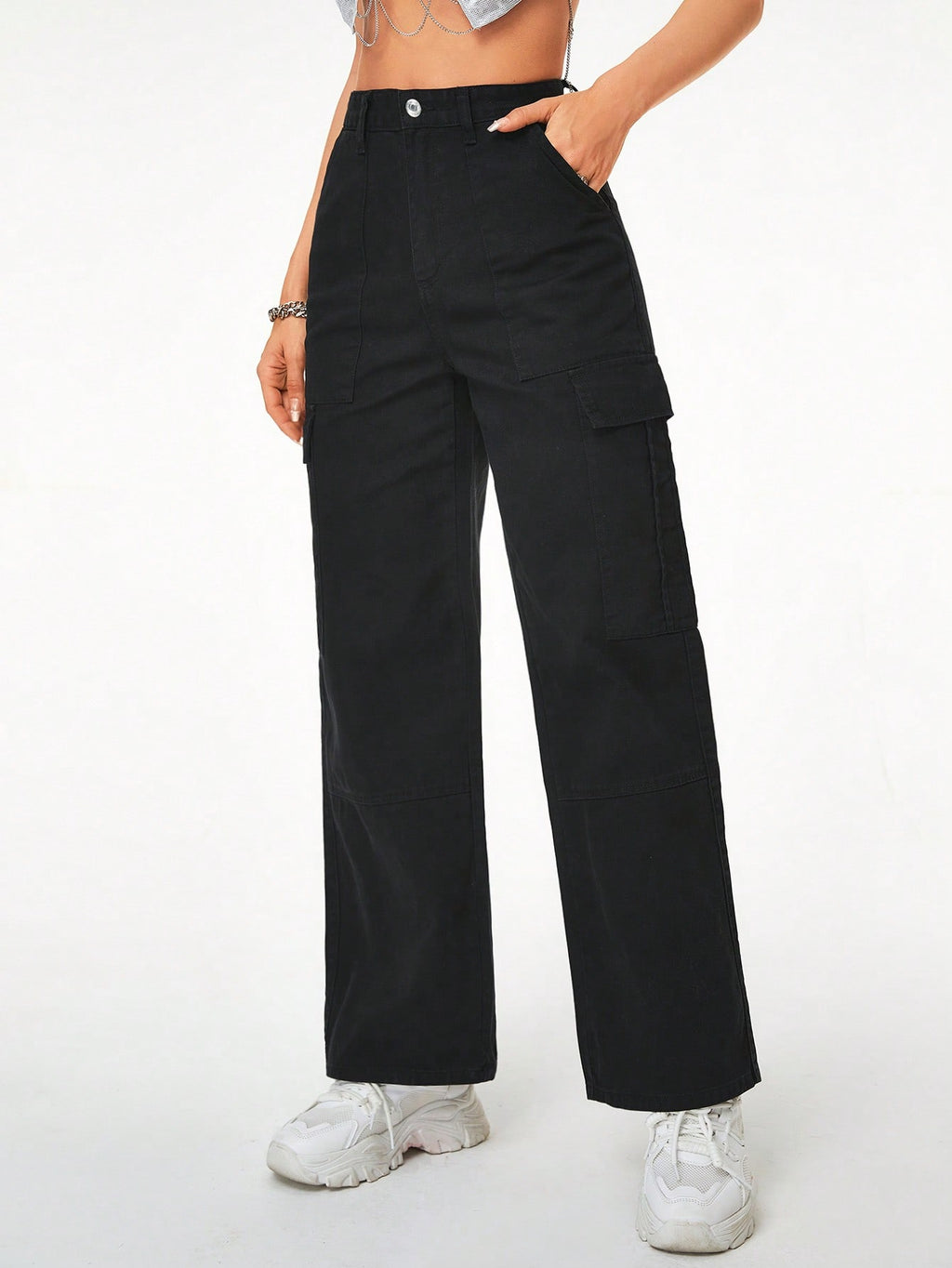 Women Black Cargo Denim 6 Pocket Jeans