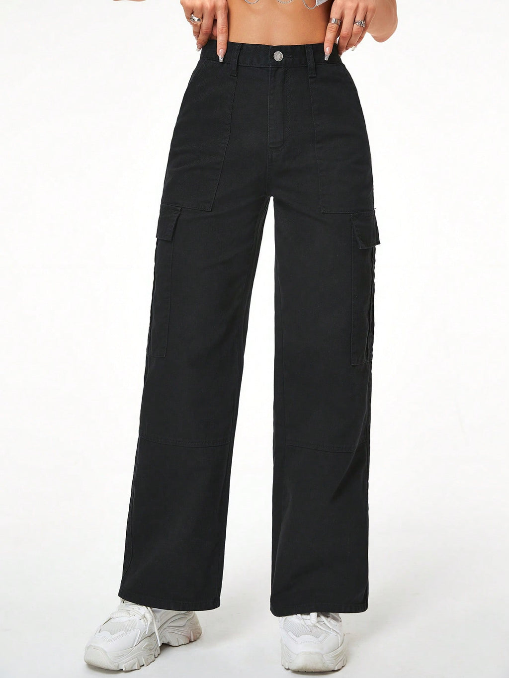 Women Black Cargo Denim 6 Pocket Jeans