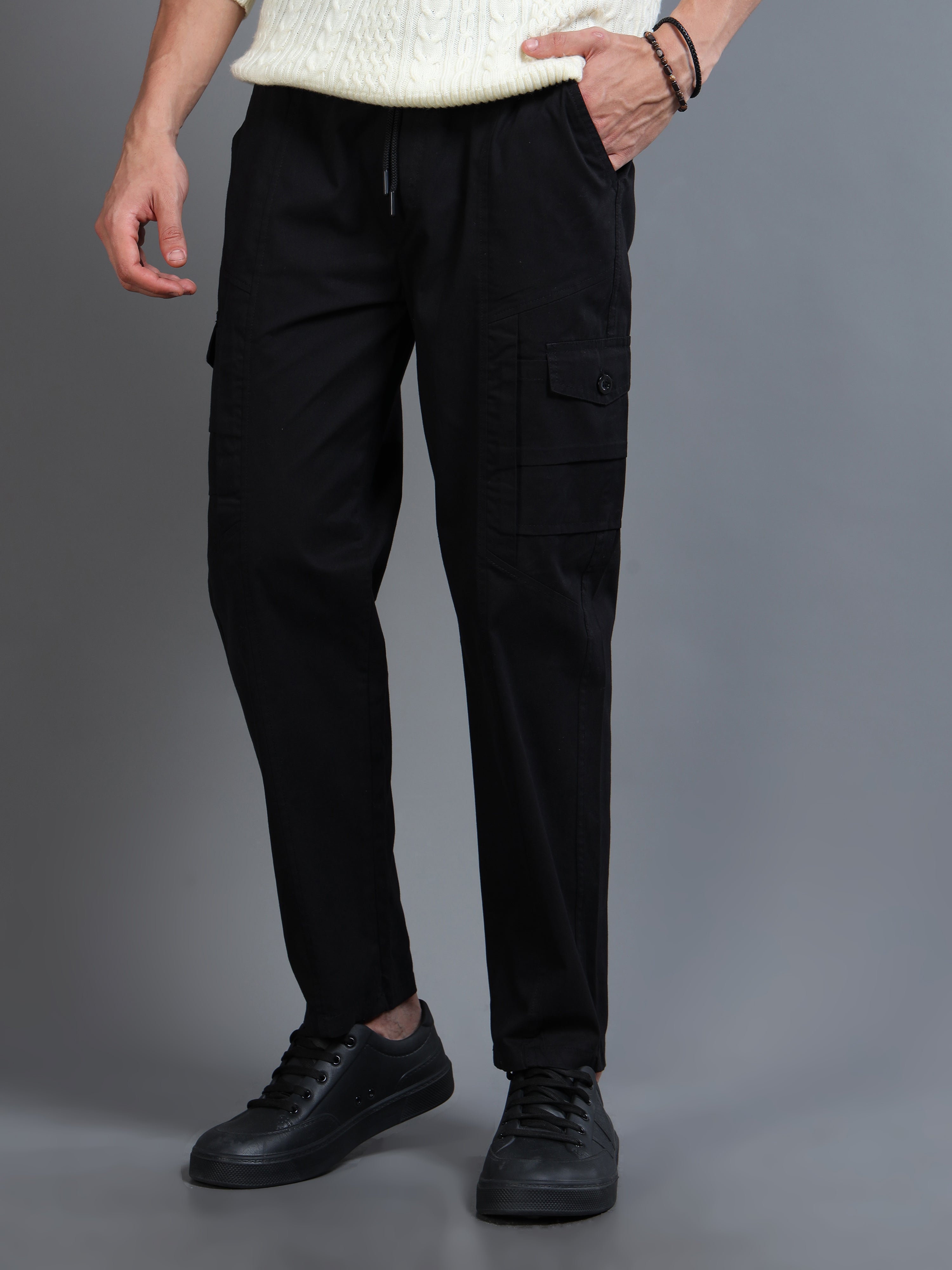 Men Slim Fit Black Cargo Trousers