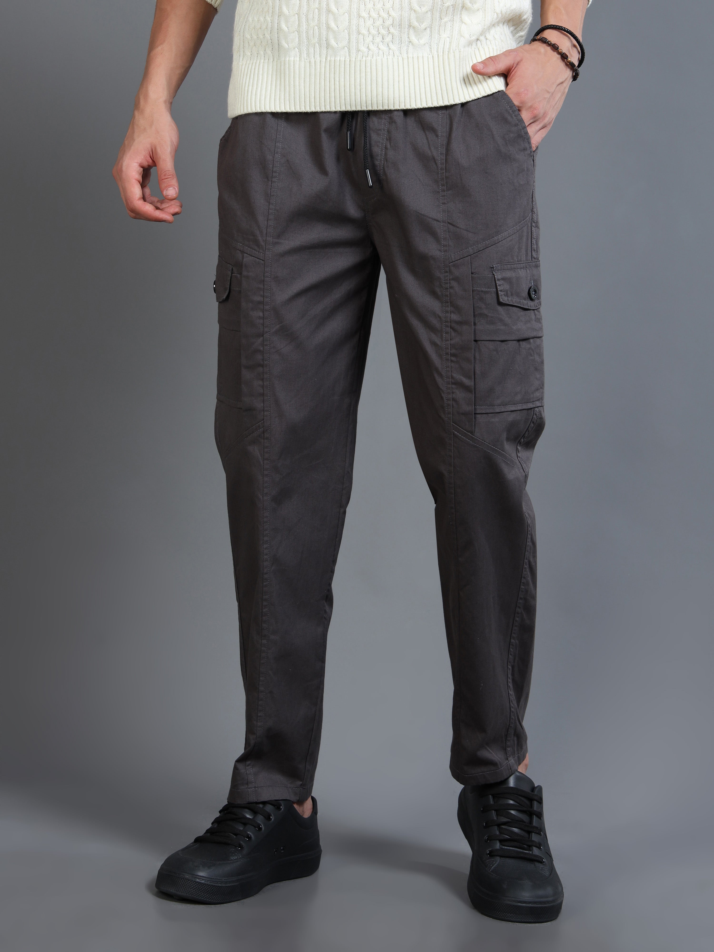 Men Slim Fit Charcoal Grey Cargo Trousers