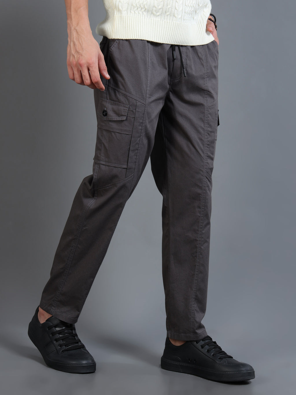 Men Slim Fit Charcoal Grey Cargo Trousers
