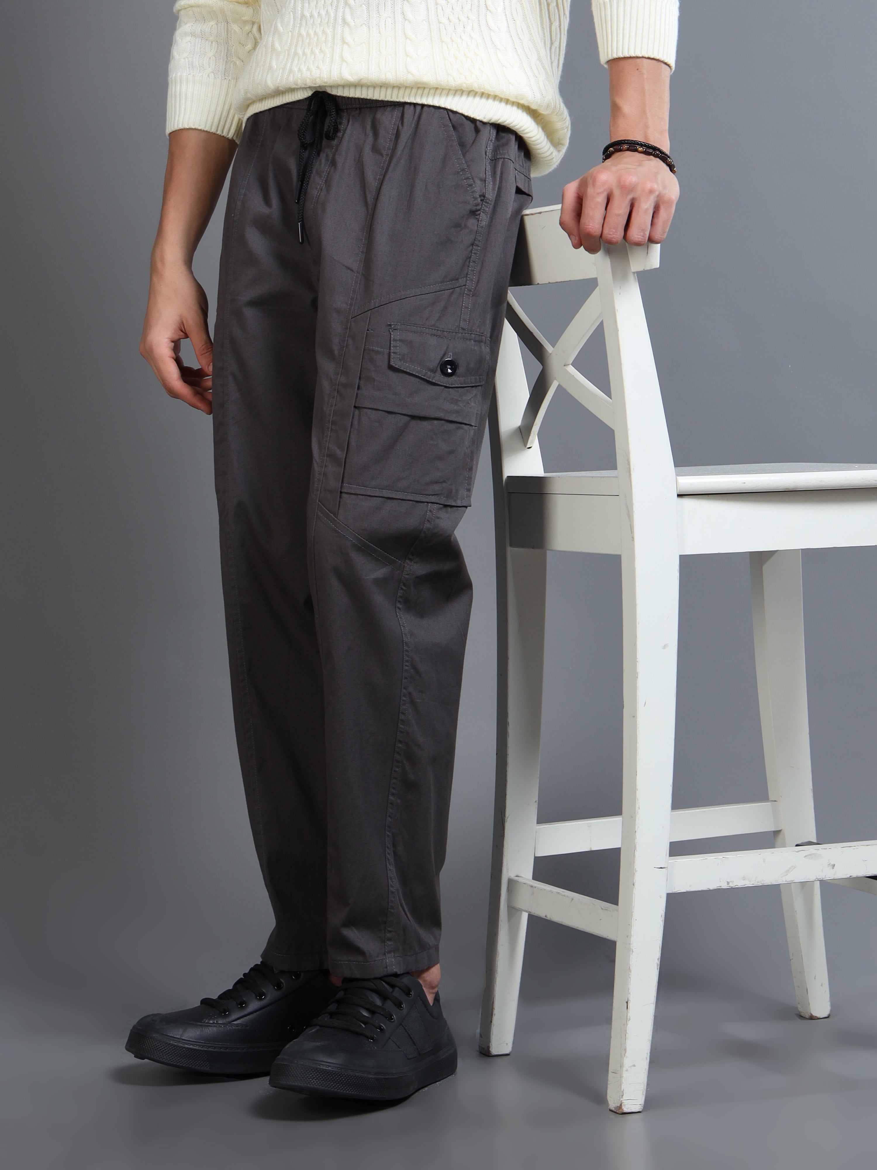 Men Slim Fit Charcoal Grey Cargo Trousers