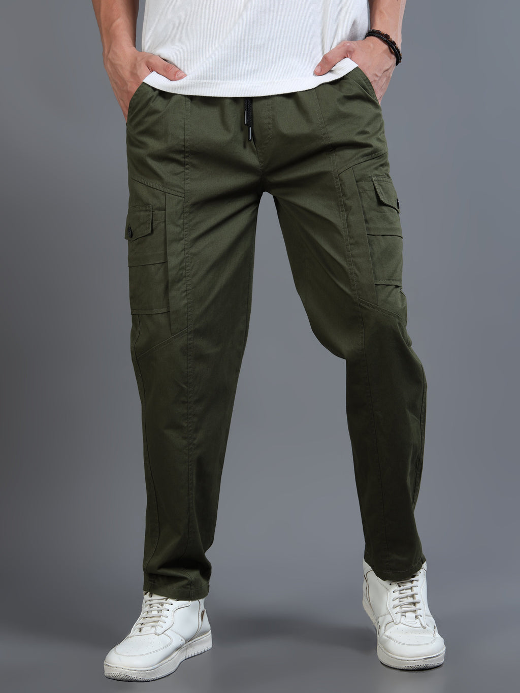 Men Slim Fit Green Cargo Trousers