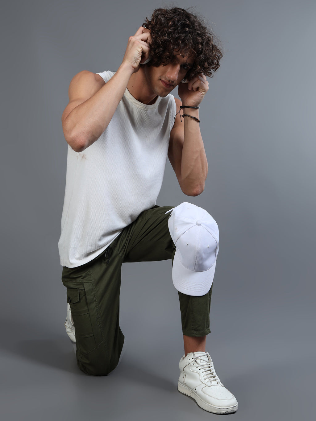 Men Slim Fit Green Cargo Trousers