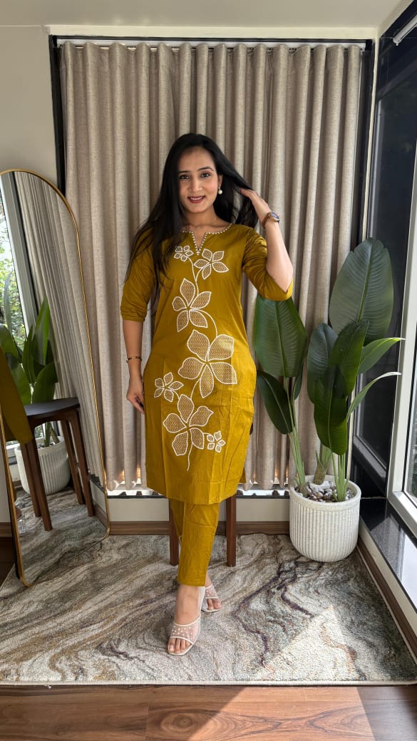 Pure Cotton Mustard Embroidered Kurta With Pant Co-ords Set