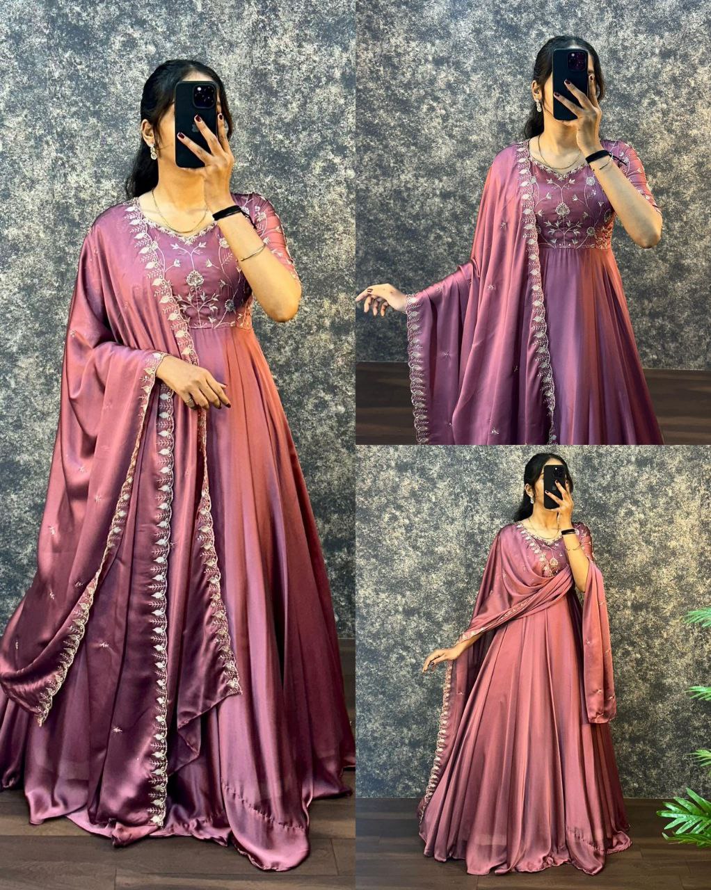 Women Mauve Embroidered Gown With Dupatta