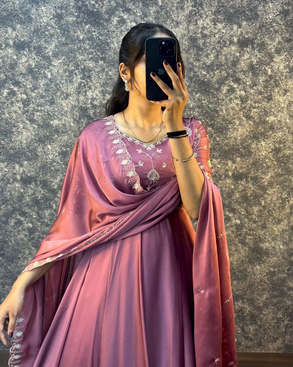 Women Mauve Embroidered Gown With Dupatta