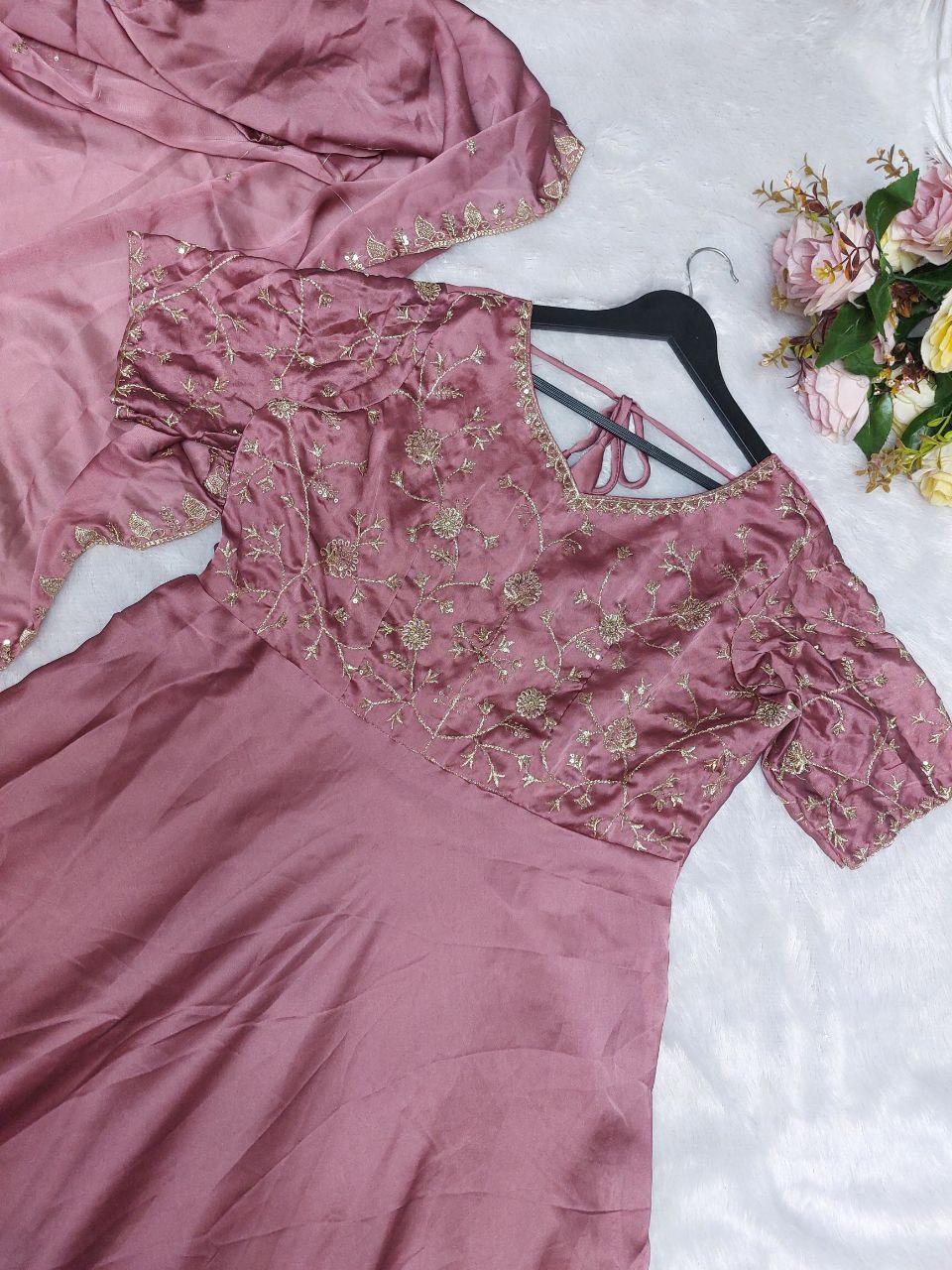 Women Mauve Embroidered Gown With Dupatta