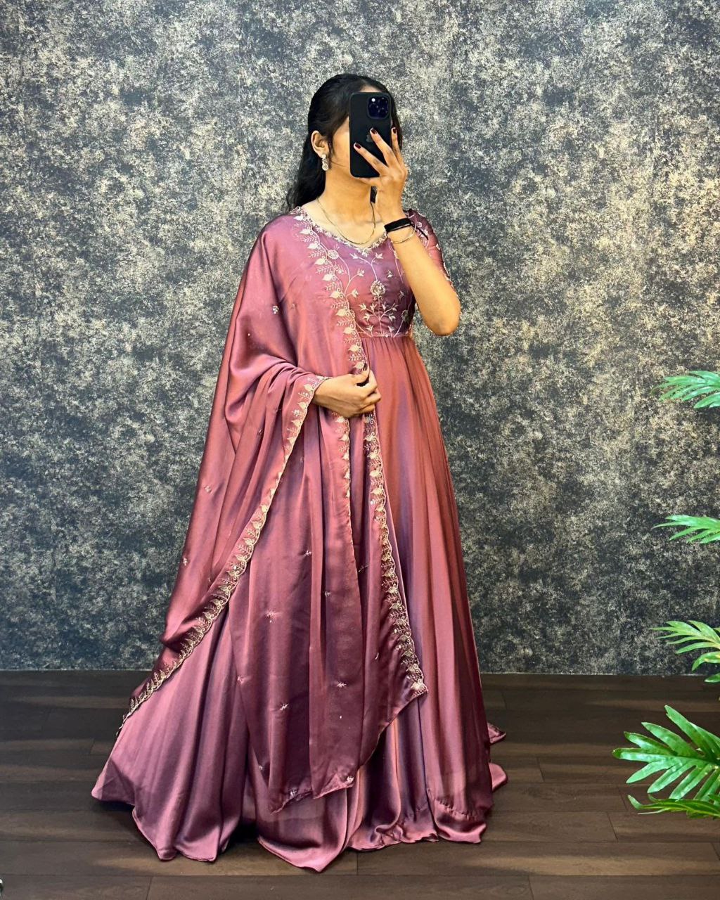 Women Mauve Embroidered Gown With Dupatta