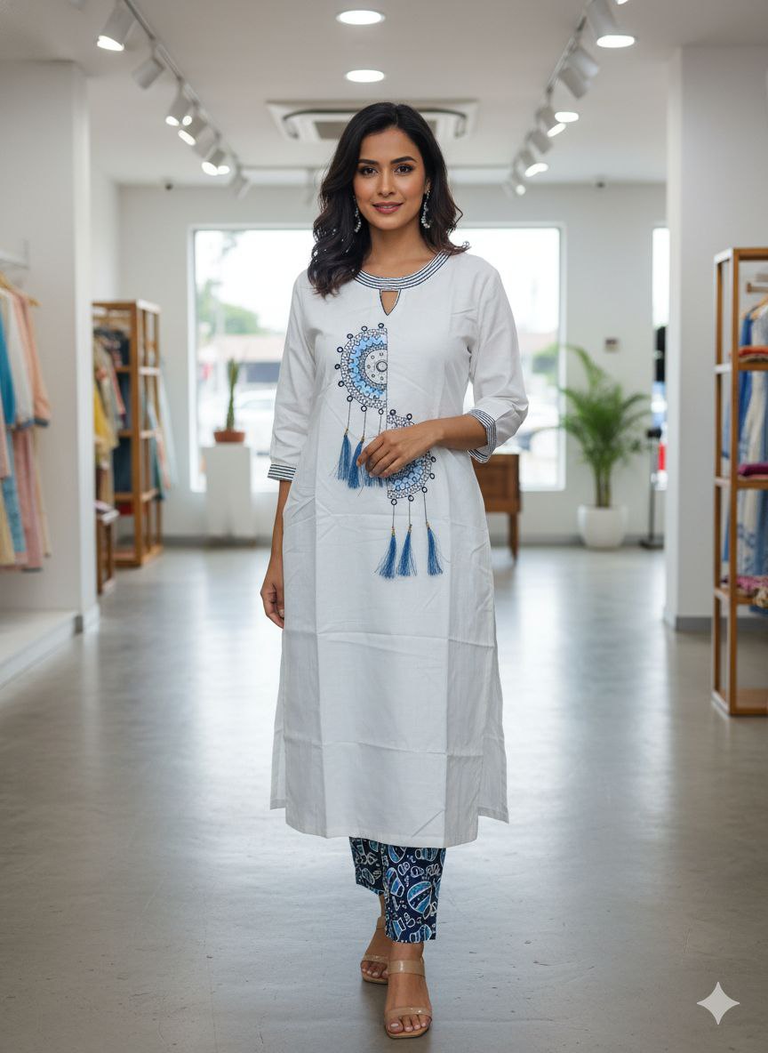 Women White Printed Heavy Designer Cotton Kurta Set