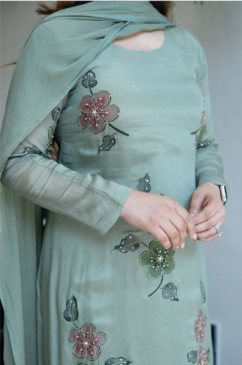 Mint Green Floral Printed Regular Kurta With Churidar & Dupatta