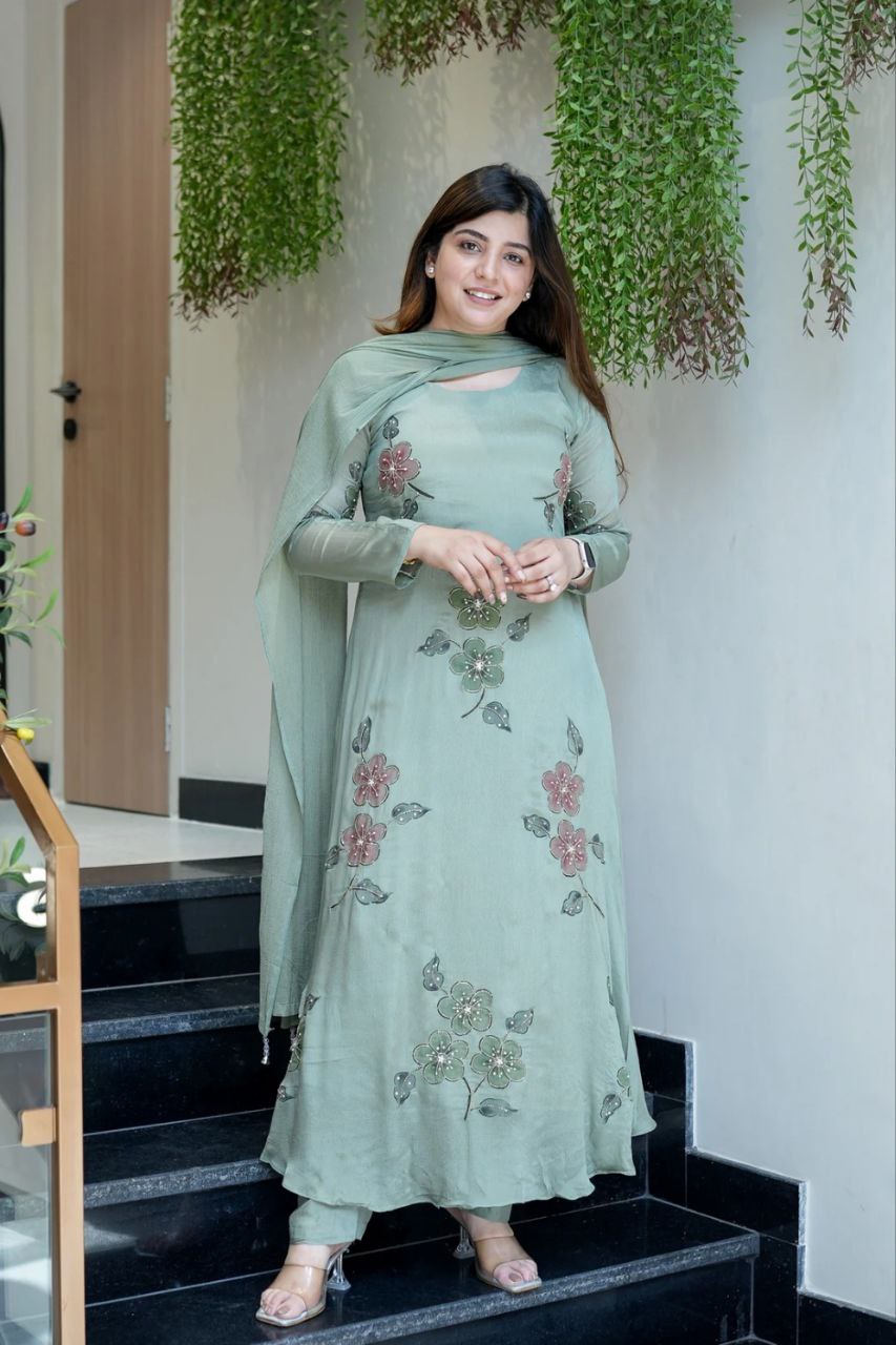 Mint Green Floral Printed Regular Kurta With Churidar & Dupatta