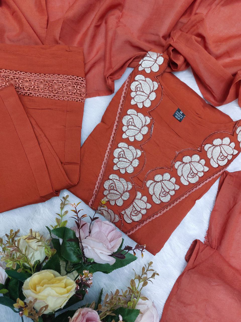 Women Rust Orange Cotton Embroidery Threadwork Designer Suit