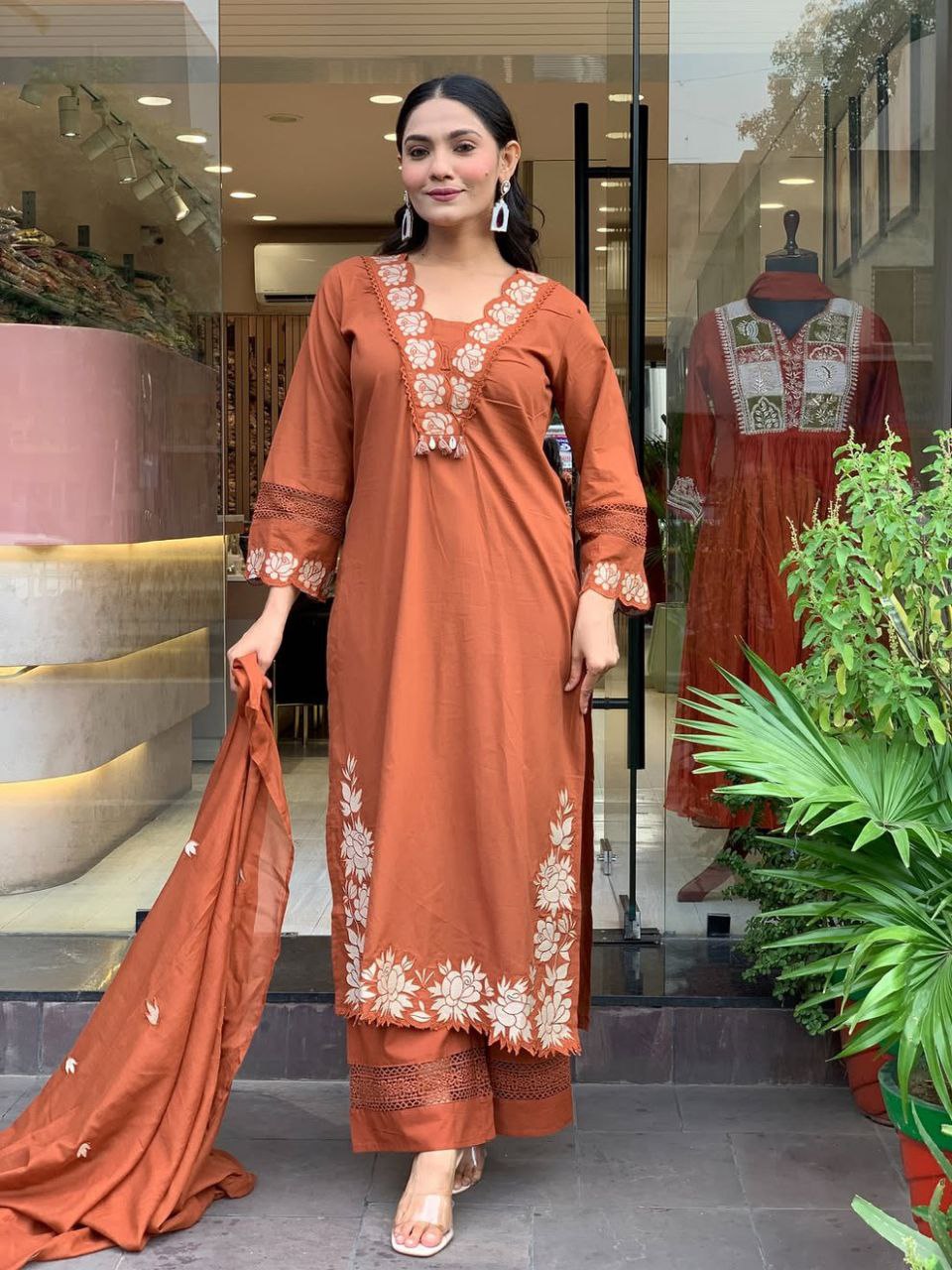 Women Rust Orange Cotton Embroidery Threadwork Designer Suit