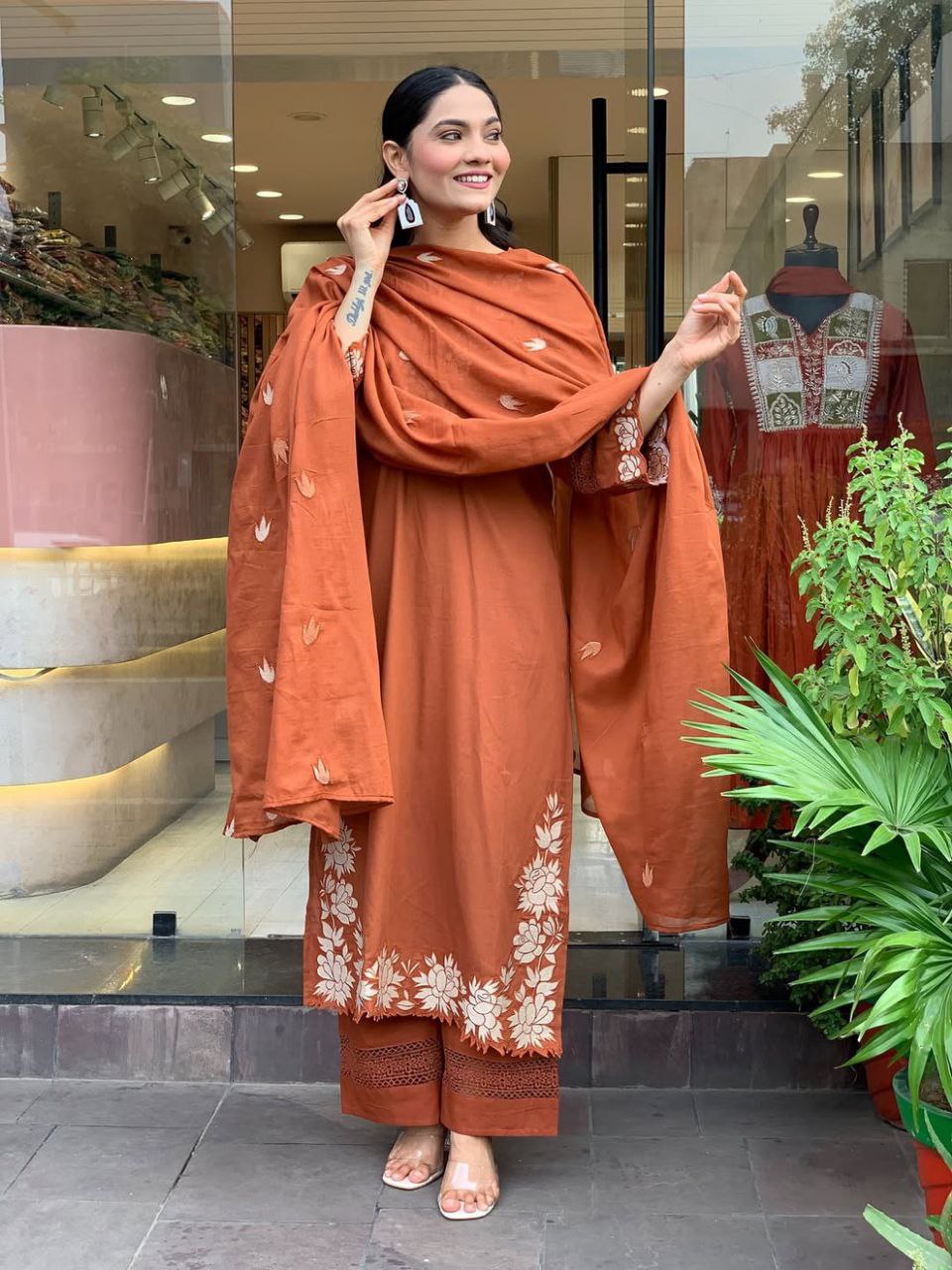 Women Rust Orange Cotton Embroidery Threadwork Designer Suit