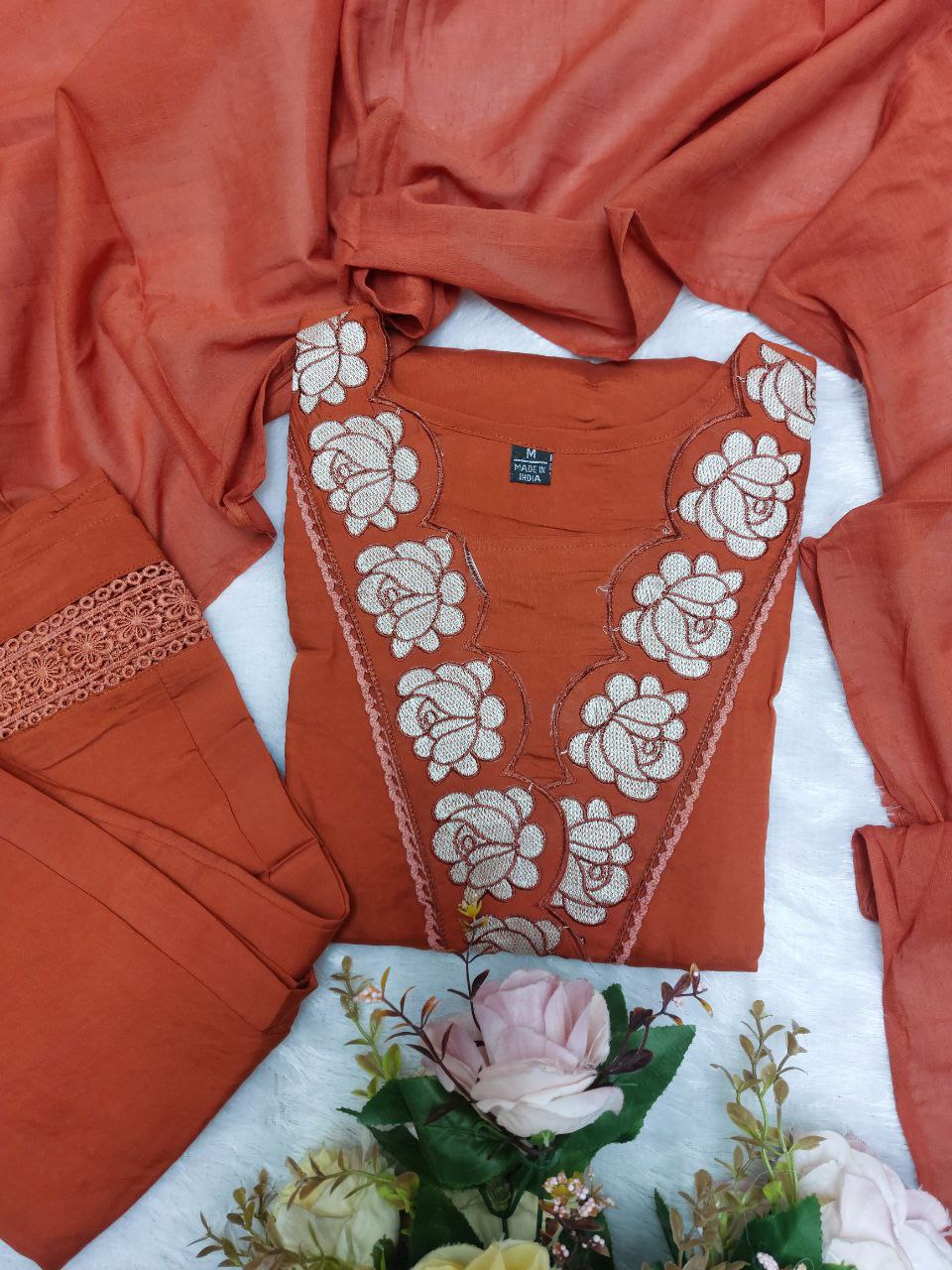 Women Rust Orange Cotton Embroidery Threadwork Designer Suit