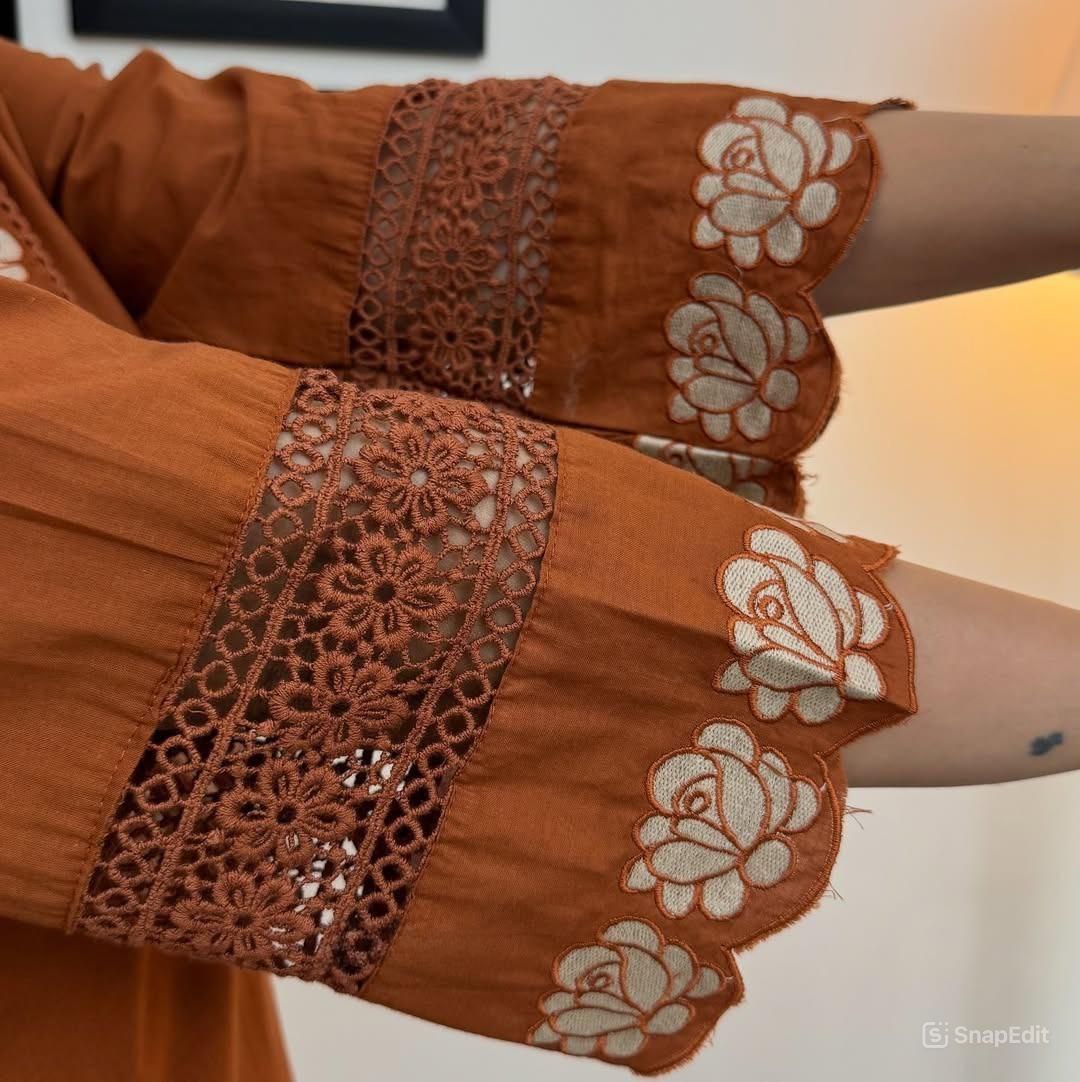 Women Rust Orange Cotton Embroidery Threadwork Designer Suit