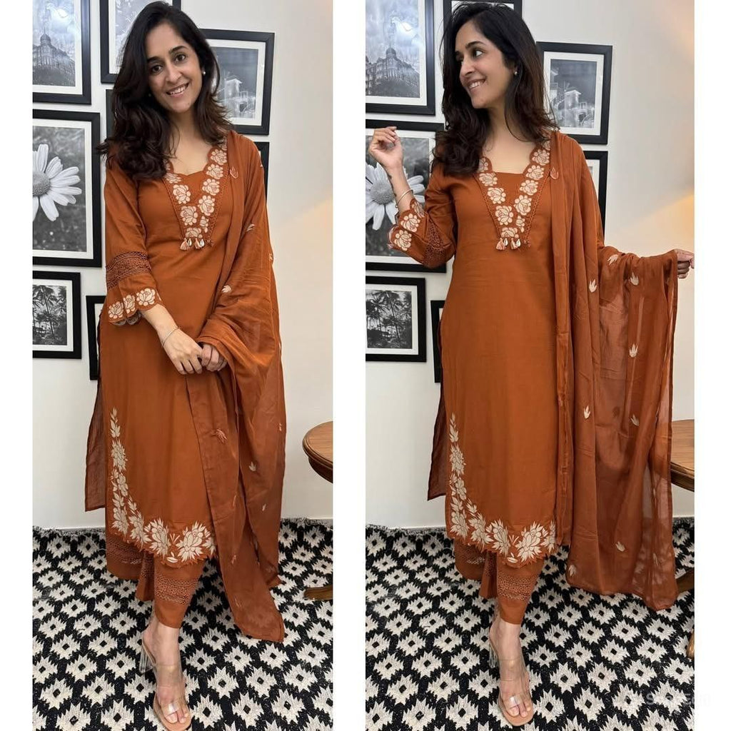 Women Rust Orange Cotton Embroidery Threadwork Designer Suit