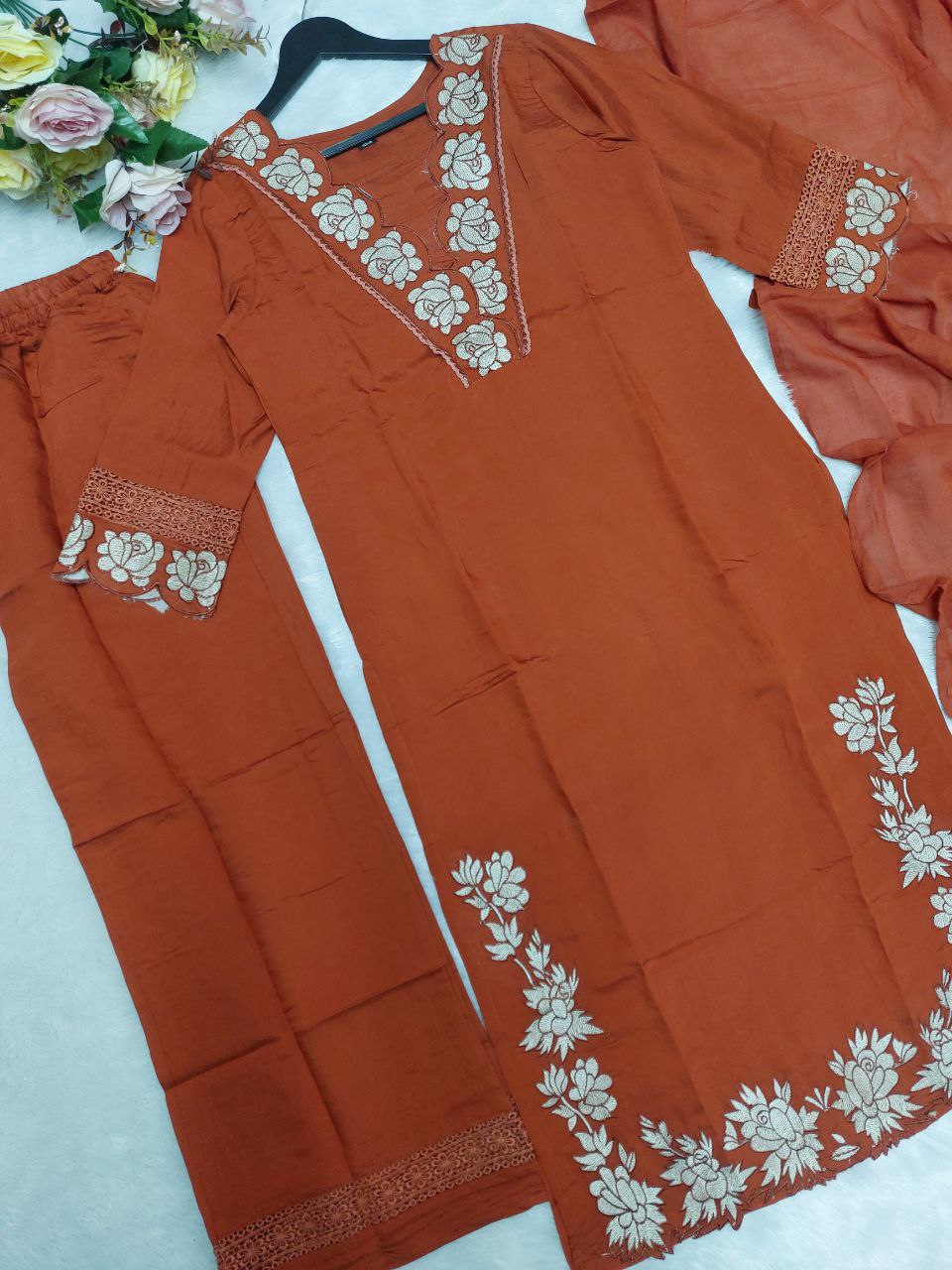 Women Rust Orange Cotton Embroidery Threadwork Designer Suit