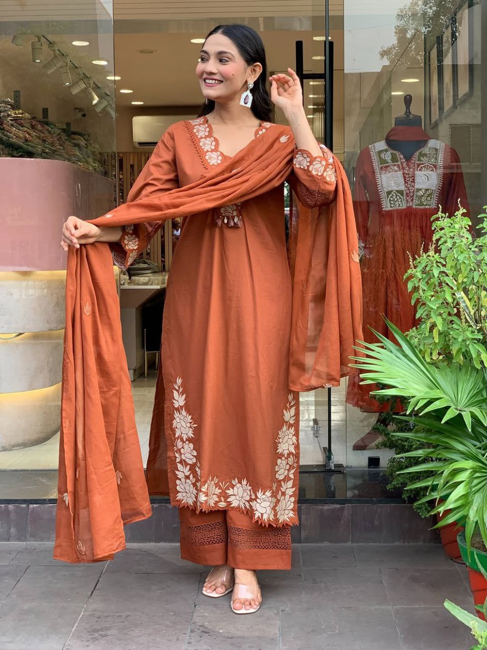 Women Rust Orange Cotton Embroidery Threadwork Designer Suit