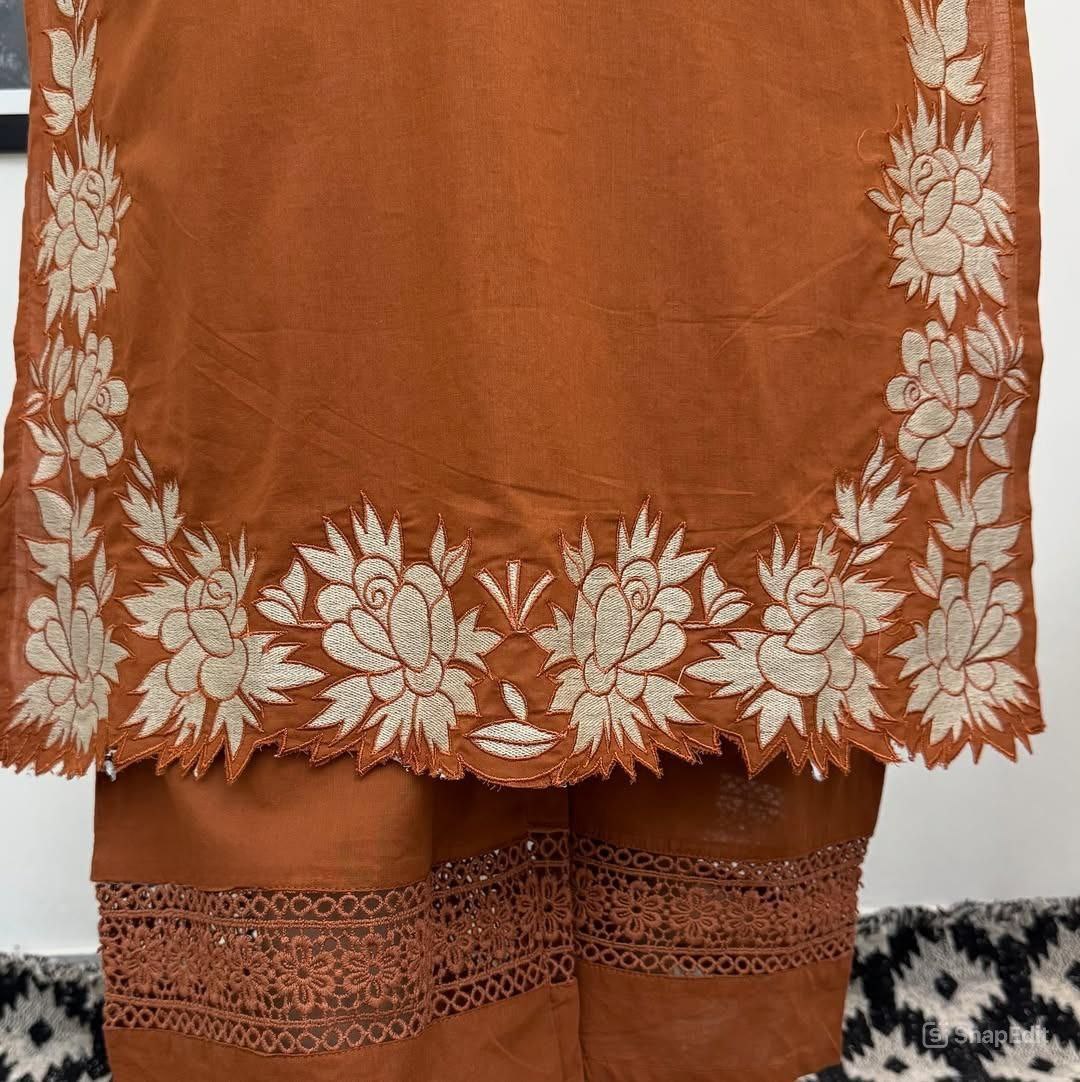 Women Rust Orange Cotton Embroidery Threadwork Designer Suit