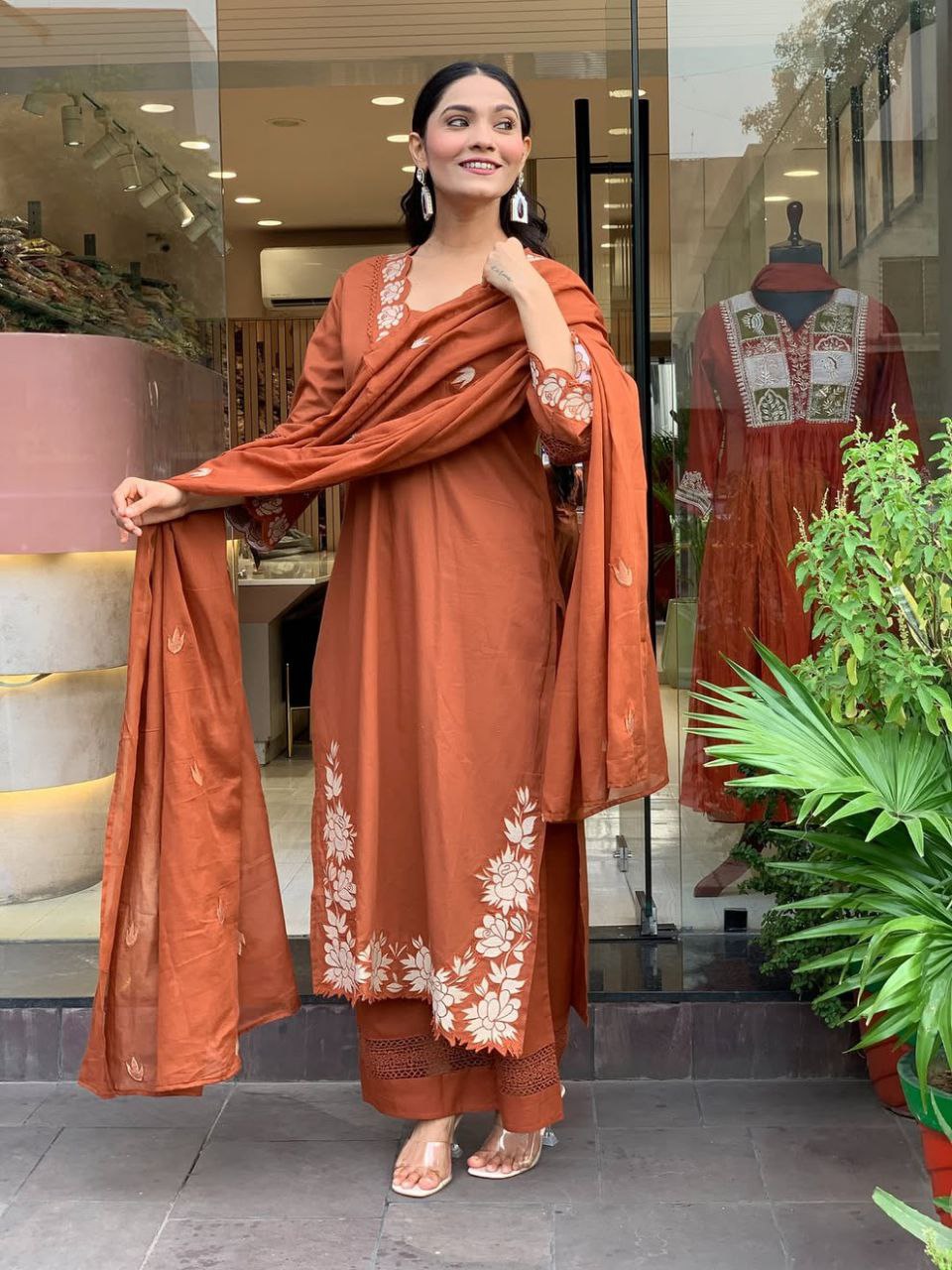 Women Rust Orange Cotton Embroidery Threadwork Designer Suit