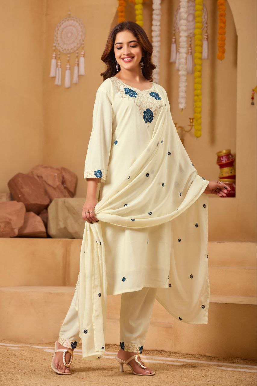Women Floral Embroidered Kurta Set With Trousers & Dupatta