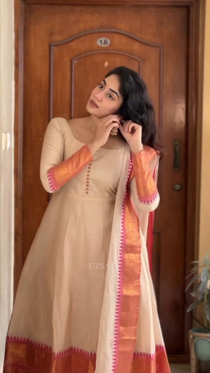 Women Anarkali Chiku Pure Cotton With Dupatta Georgette Silk Dress