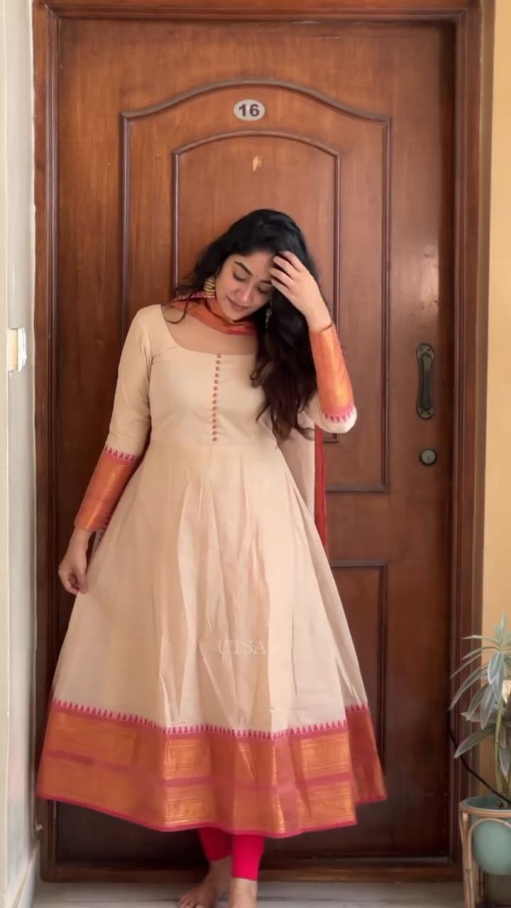 Women Anarkali Chiku Pure Cotton With Dupatta Georgette Silk Dress