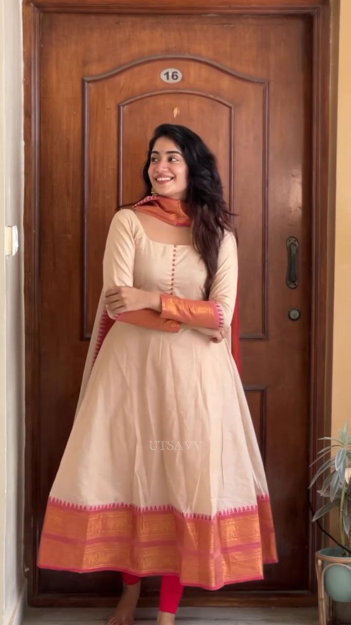 Women Anarkali Chiku Pure Cotton With Dupatta Georgette Silk Dress