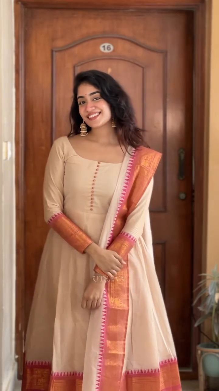 Women Anarkali Chiku Pure Cotton With Dupatta Georgette Silk Dress