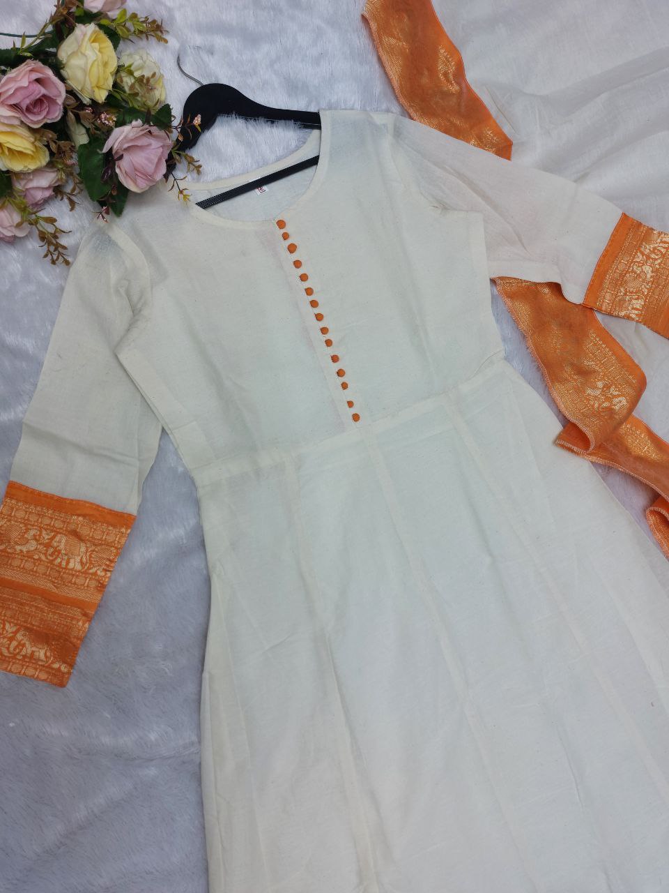 Women Anarkali Chiku Pure Cotton With Dupatta Georgette Silk Dress