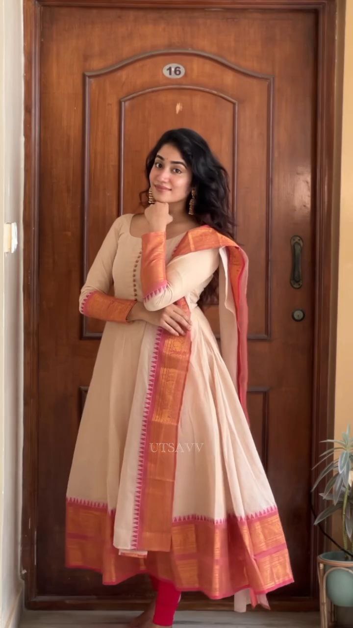 Women Anarkali Chiku Pure Cotton With Dupatta Georgette Silk Dress