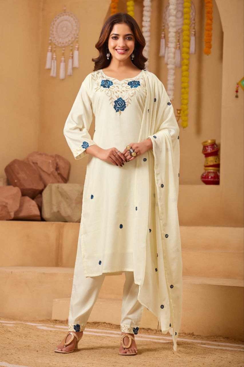 Women Floral Embroidered Kurta Set With Trousers & Dupatta