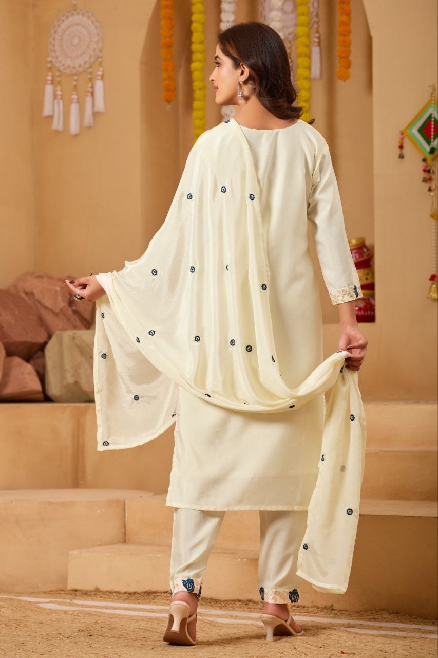 Women Floral Embroidered Kurta Set With Trousers & Dupatta