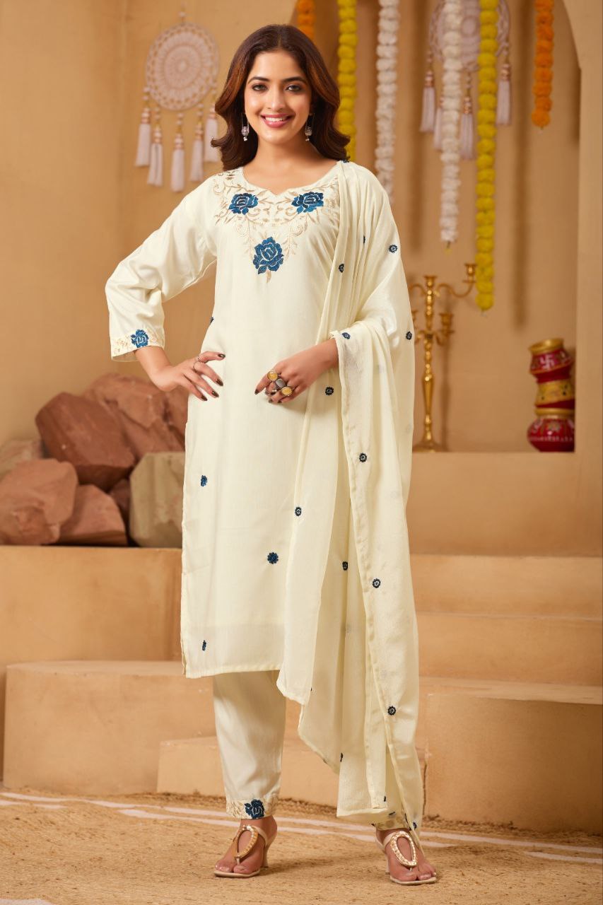 Women Floral Embroidered Kurta Set With Trousers & Dupatta