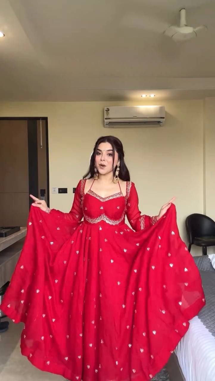 Red Color Faux Georgette Fabric Thread With Sequence Work Anarkali Suit