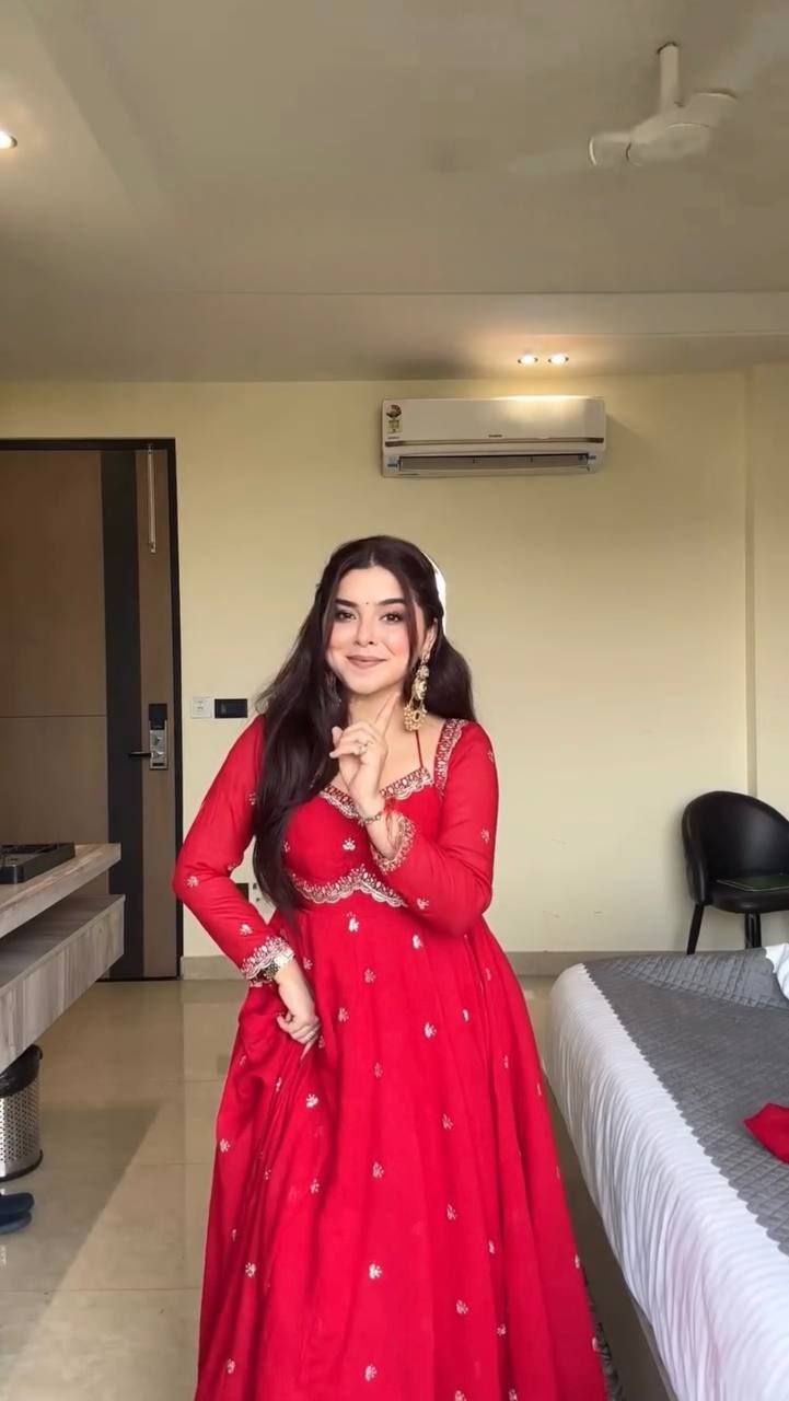 Red Color Faux Georgette Fabric Thread With Sequence Work Anarkali Suit