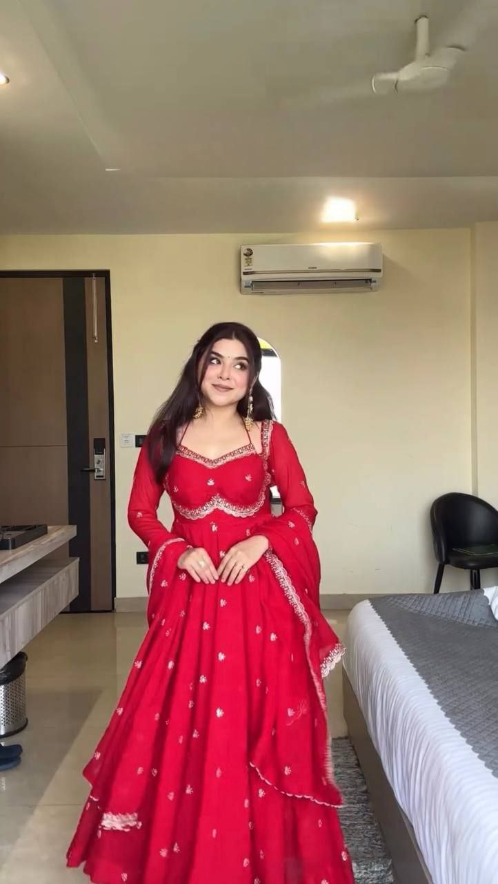 Red Color Faux Georgette Fabric Thread With Sequence Work Anarkali Suit