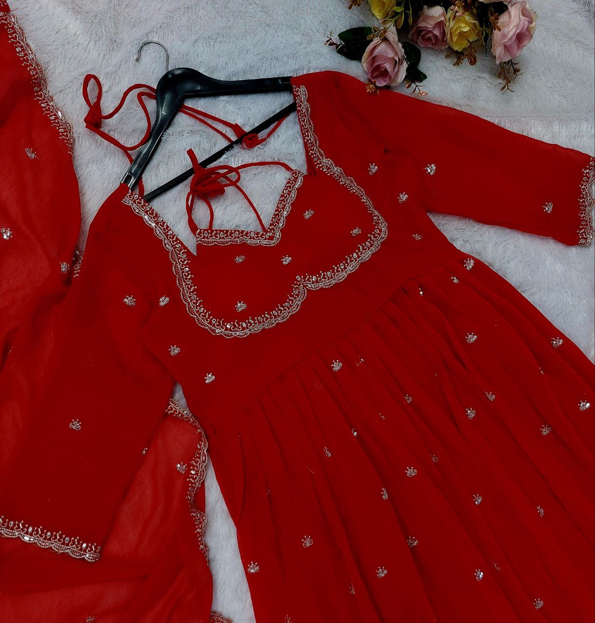 Red Color Faux Georgette Fabric Thread With Sequence Work Anarkali Suit