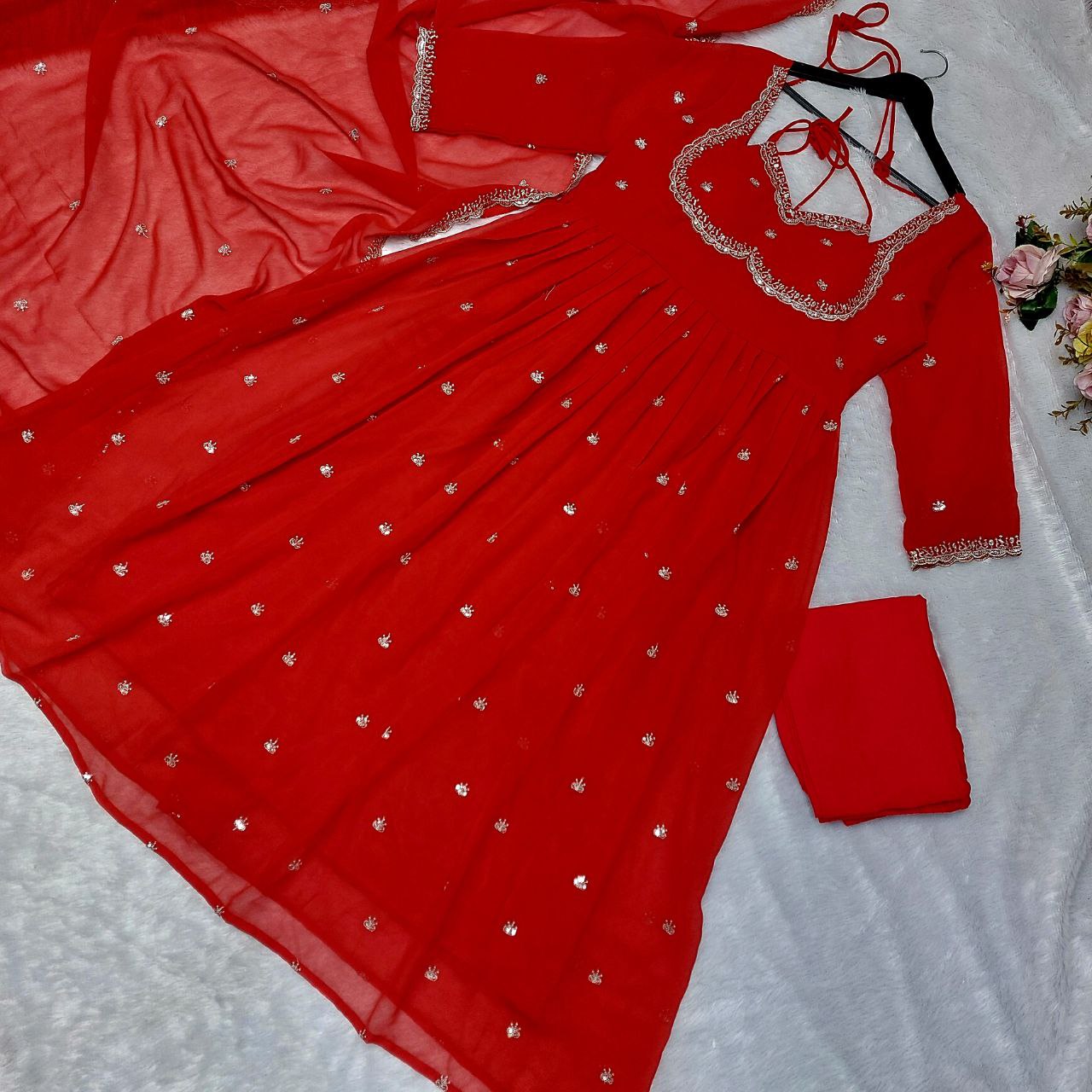 Red Color Faux Georgette Fabric Thread With Sequence Work Anarkali Suit