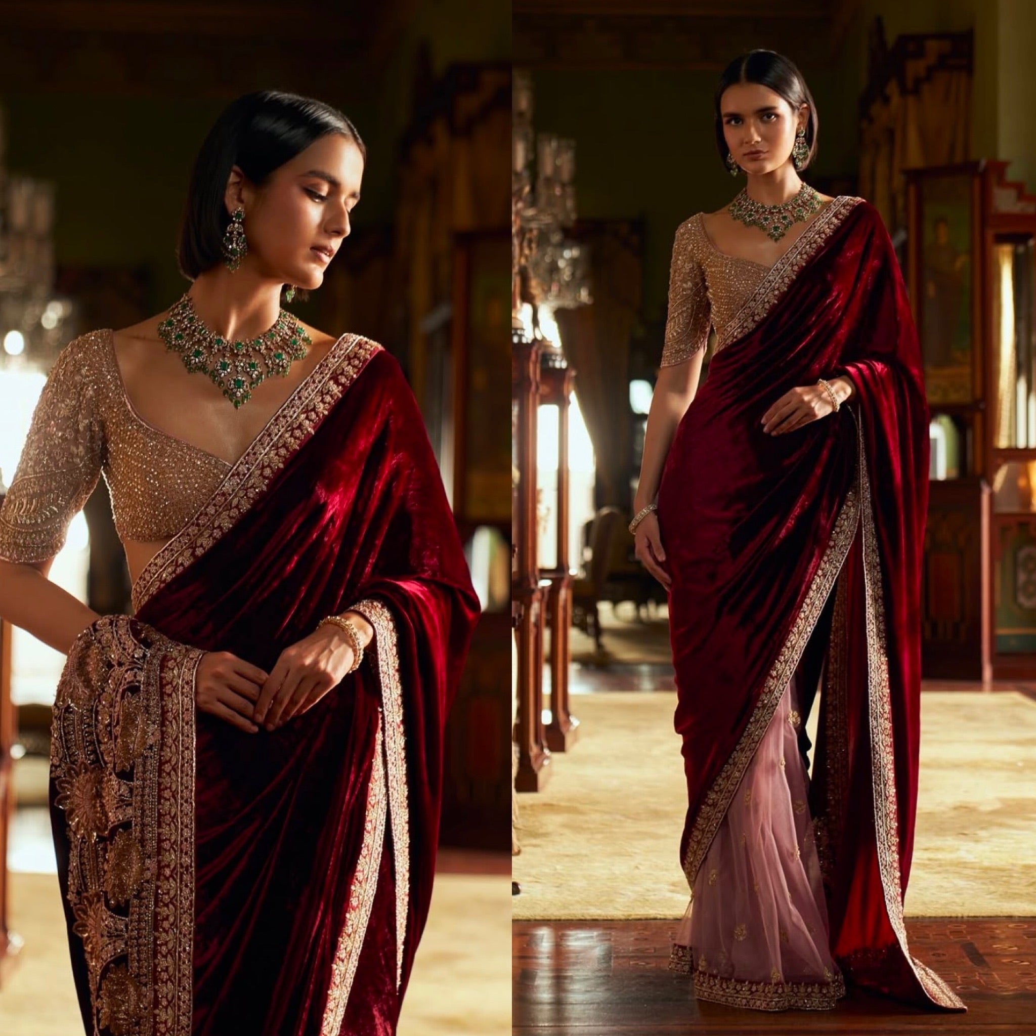 Red Elegant & Classy Velvet Net Saree Sequins, Thread & Dori Work