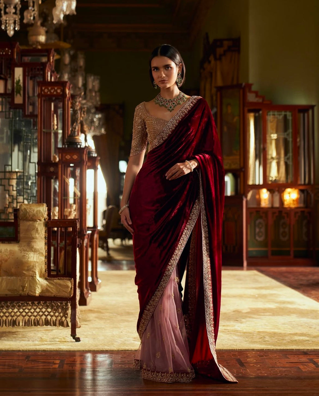 Red Elegant & Classy Velvet Net Saree Sequins, Thread & Dori Work