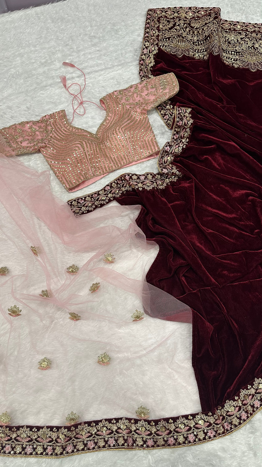 Red Elegant & Classy Velvet Net Saree Sequins, Thread & Dori Work