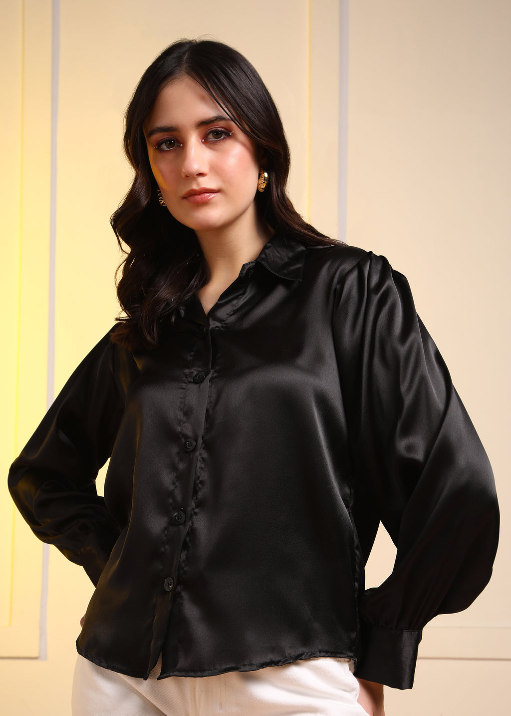 Women Black Satin Long Sleeve Button-Down Shirt Top