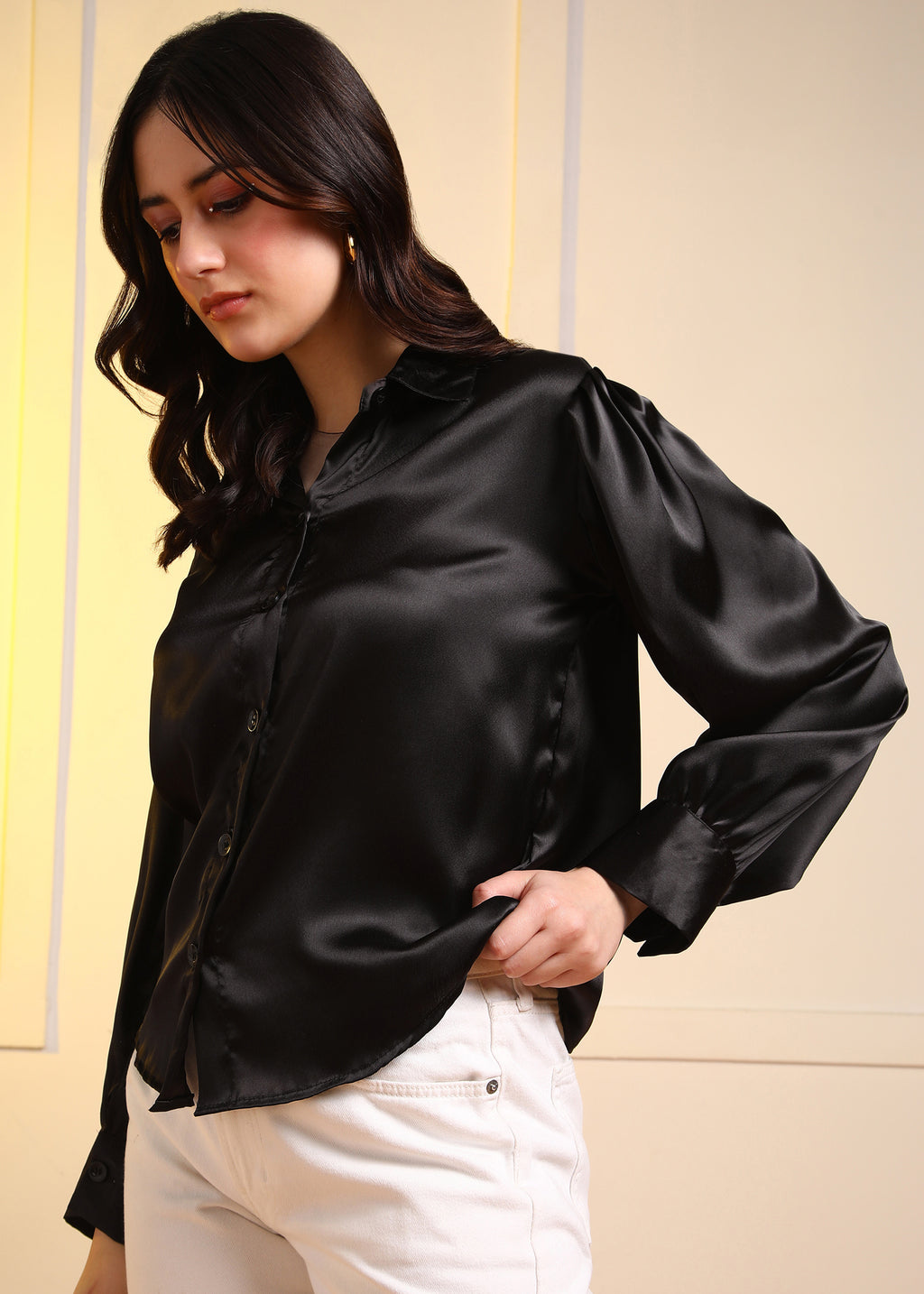 Women Black Satin Long Sleeve Button-Down Shirt Top